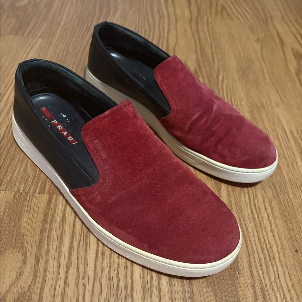 Prada Red Suede Slip-On Loafers